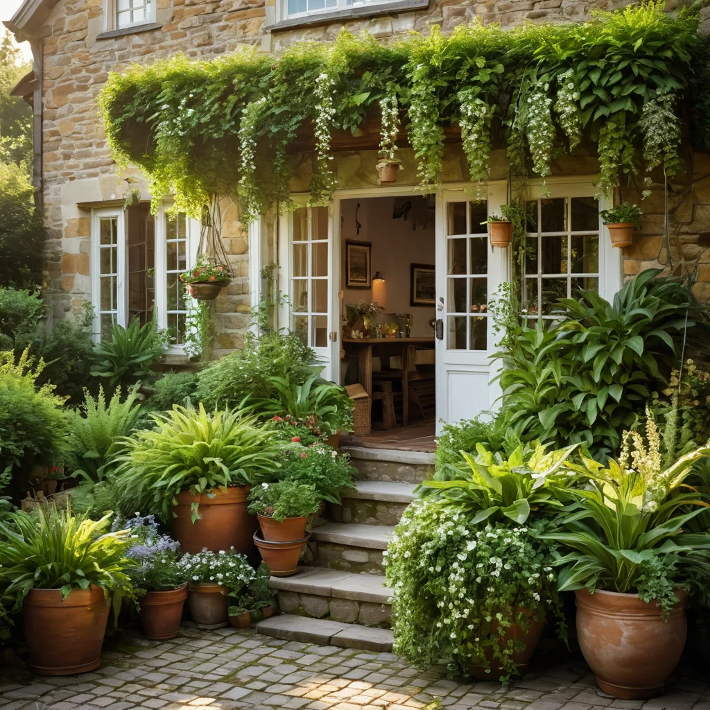 Уютный подвесной сад, утопающий в пышной зелени, с растениями в старинных кашпо на фоне дачного домика в солнечный день.