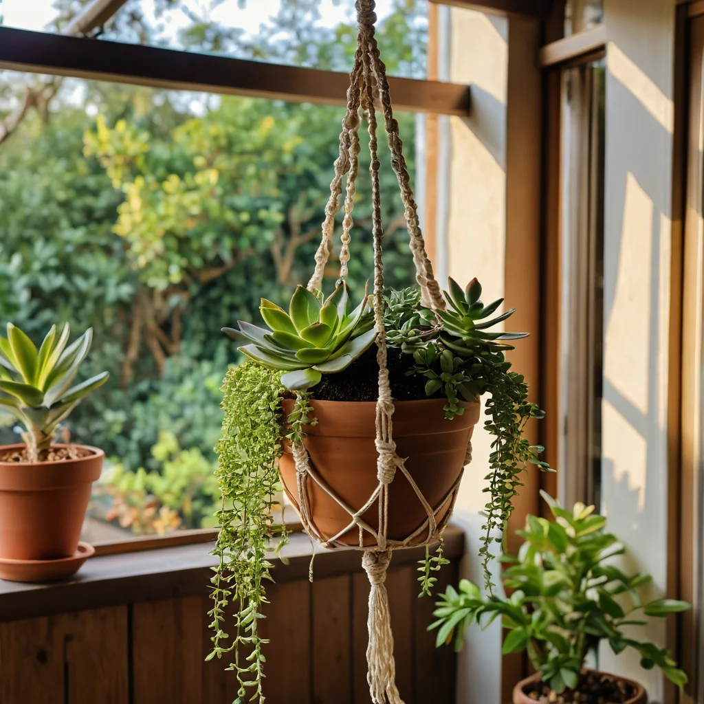 Процесс создания подвесного кашпо своими руками: макраме-подвес, терракотовый горшок с суккулентом, показан пошаговый процесс.