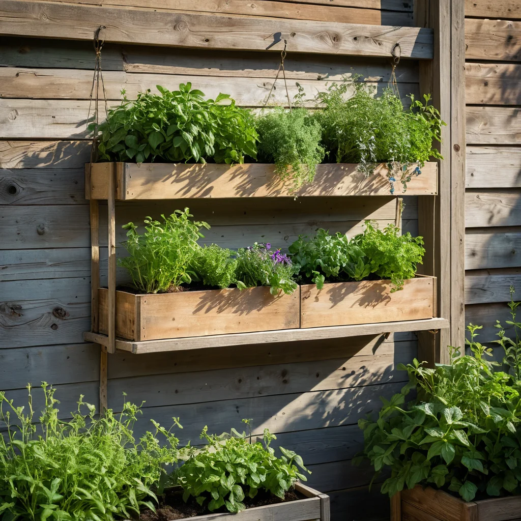 Деревянный ящик для растений с зеленью и мелкими овощами, подвешенный на стене, в стиле рустикального кухонного сада.