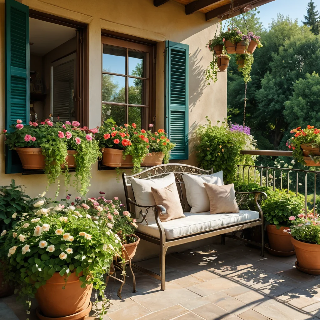 Подвесные горшки с пышными цветами, украшающие балконное ограждение, рядом с уютной зоной отдыха, с живописным видом.