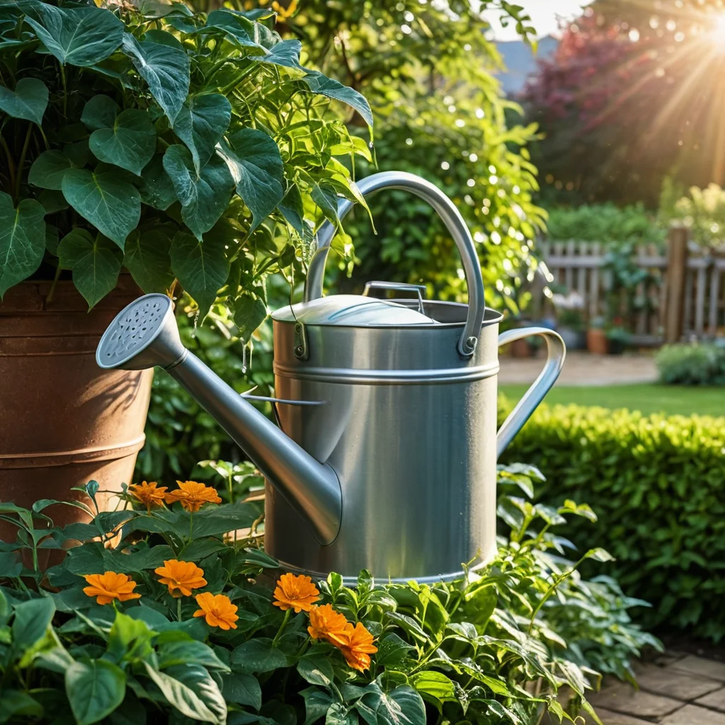 Рука с лейкой поливает растения в подвесной корзине, крупный план с росой на листьях, показывающий уход за подвесным садом.