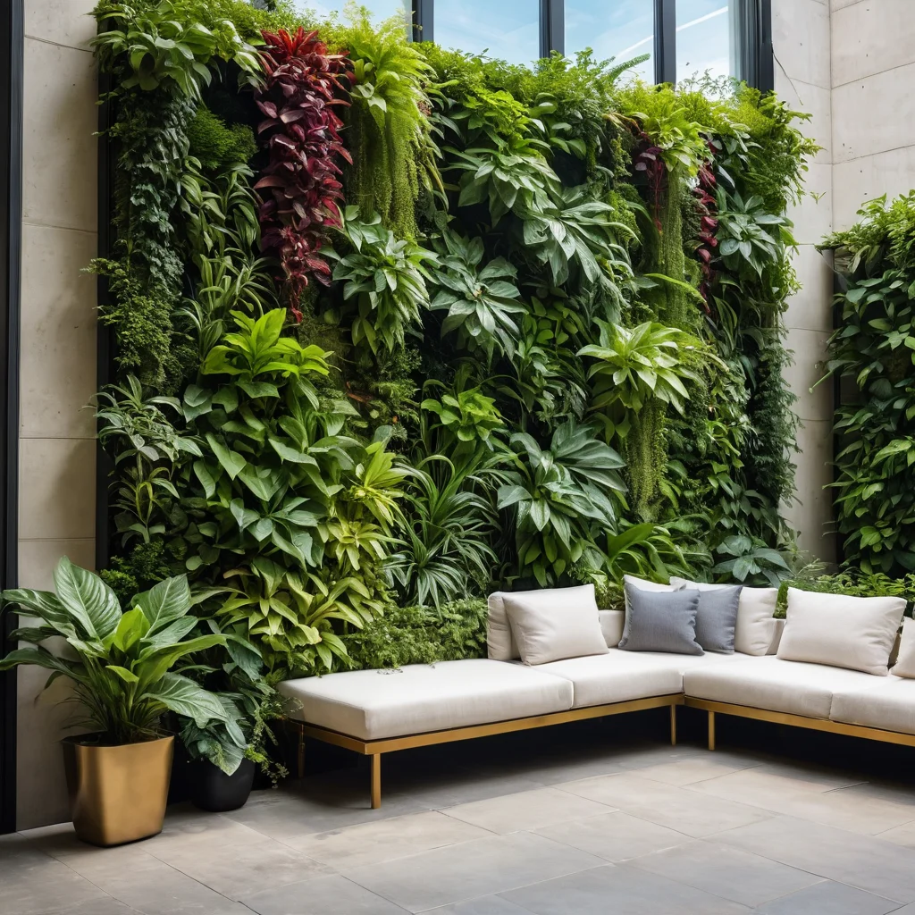 Современная вертикальная фитостена с каскадами разнообразной зелени, украшающая балкон в городском стиле.