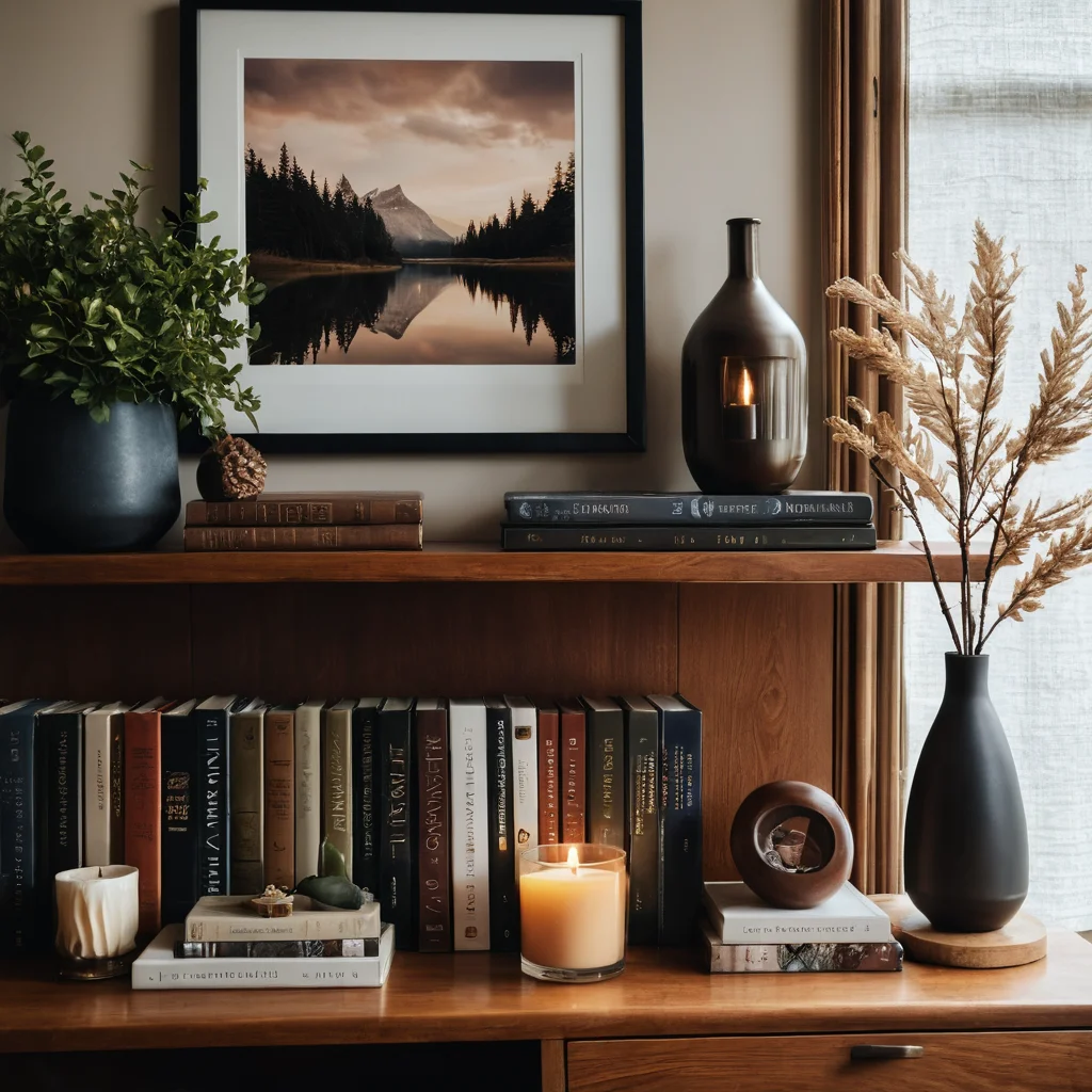 Группировка декора: элегантное трио предметов на книжной полке, отражающее личный стиль и дополняющее друг друга, фотореалистичное изображение.