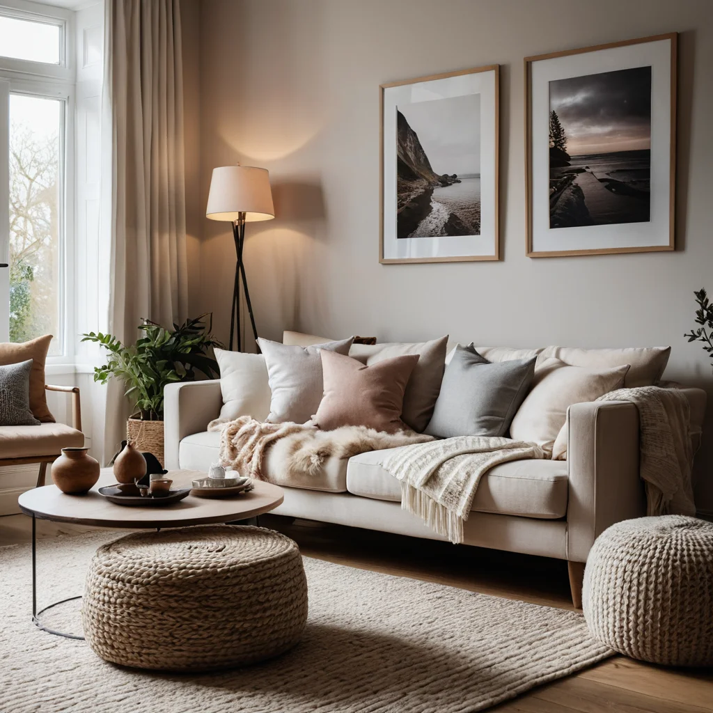 Игра с масштабом и текстурой: эффектная композиция из трех декоративных предметов разного размера и текстуры на журнальном столике, фотореалистичное изображение.