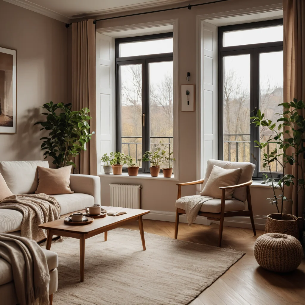 Психология гармонии в интерьере: уютная гостиная с мягким освещением, создающим спокойную и эмоционально комфортную атмосферу, фотореалистичное изображение.