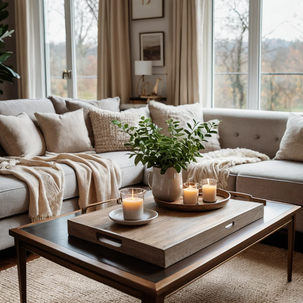 Практикум: создание идеального трио декора. Изображение стильного журнального столика с продуманной композицией из трех предметов, фотореалистичное.