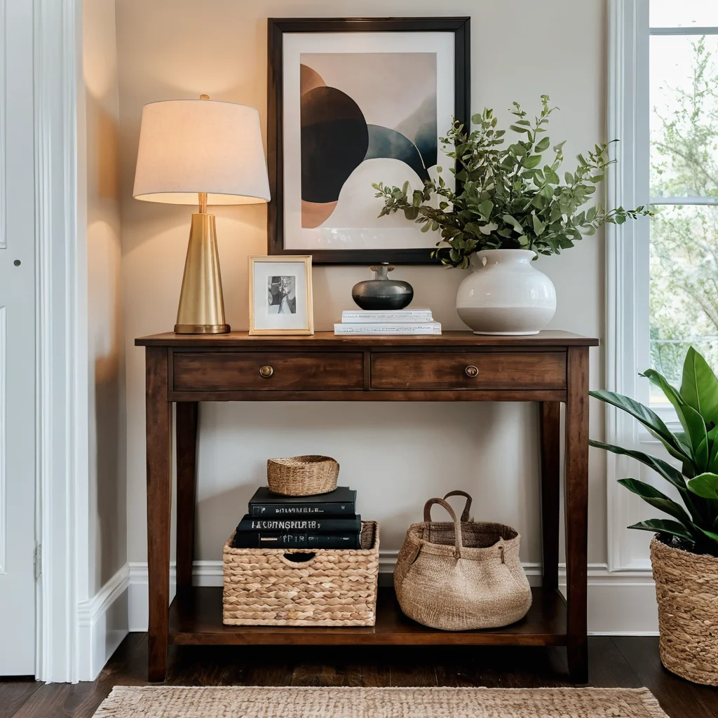 Применение правила трех в разных зонах: стильное оформление прикроватной тумбочки в спальне с использованием трио предметов, фотореалистичное изображение.