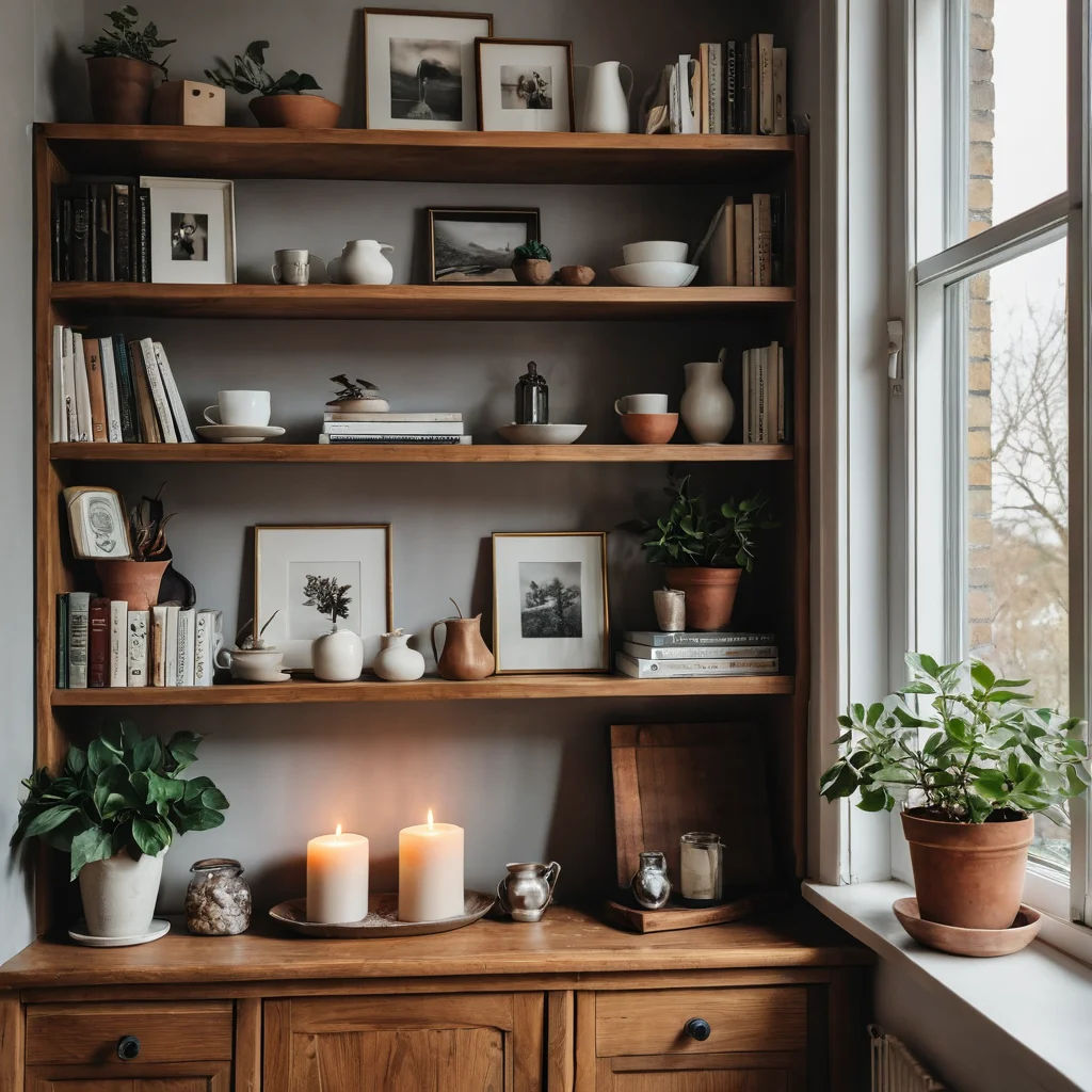 Распространенные ошибки при применении правила трех: перегруженная и несбалансированная композиция декора на полке, фотореалистичное изображение.