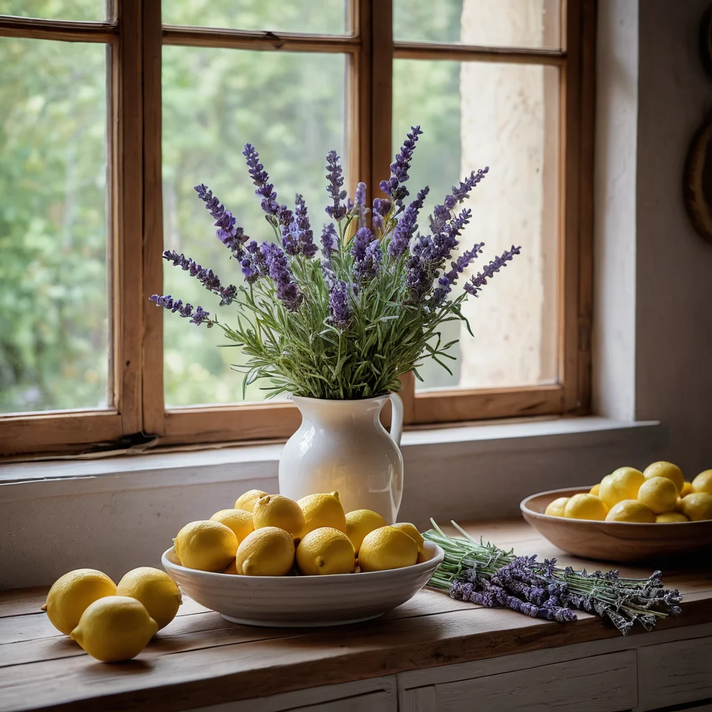 Фотореалистичный натюрморт в стиле Прованс: керамическая ваза с лавандой и травами, миска с лимонами на деревенской деревянной поверхности, залитая мягким оконным светом, передающая ароматическую атмосферу.