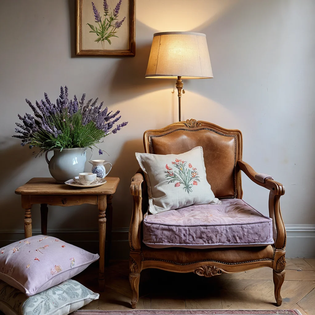 Фотореалистичное изображение антик кресла из состаренного дерева с вышитыми подушками, небольшого столика с керамической лампой и веточкой лаванды, ключевые элементы мебели и декора в стиле Прованс.