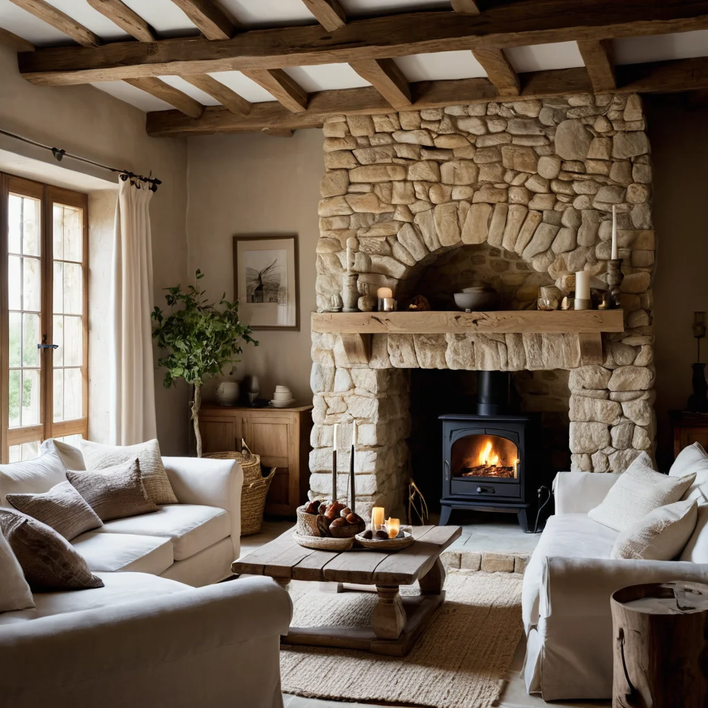 Фотореалистичная деталь гостиной в стиле Прованс: грубый каменный камин, старинные дубовые балки, льняной диван и плетеный ковер, демонстрирующие природные текстуры и создающие тактильный комфорт.