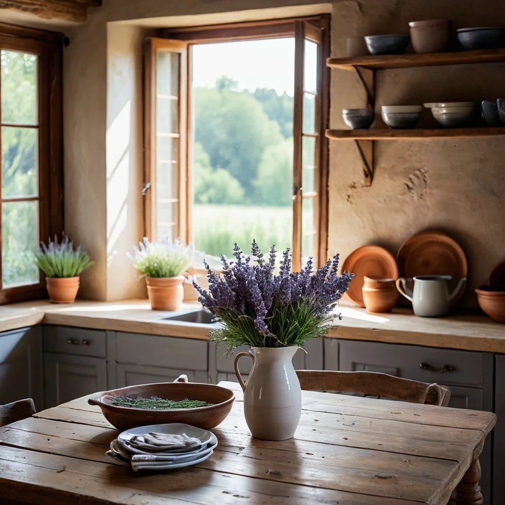 Фотореалистичная кухня в стиле французской деревни, залитая теплым солнечным светом, с состаренным деревянным столом, украшенным букетом лаванды и глиняной посудой, создающая уютную и домашнюю атмосферу.
