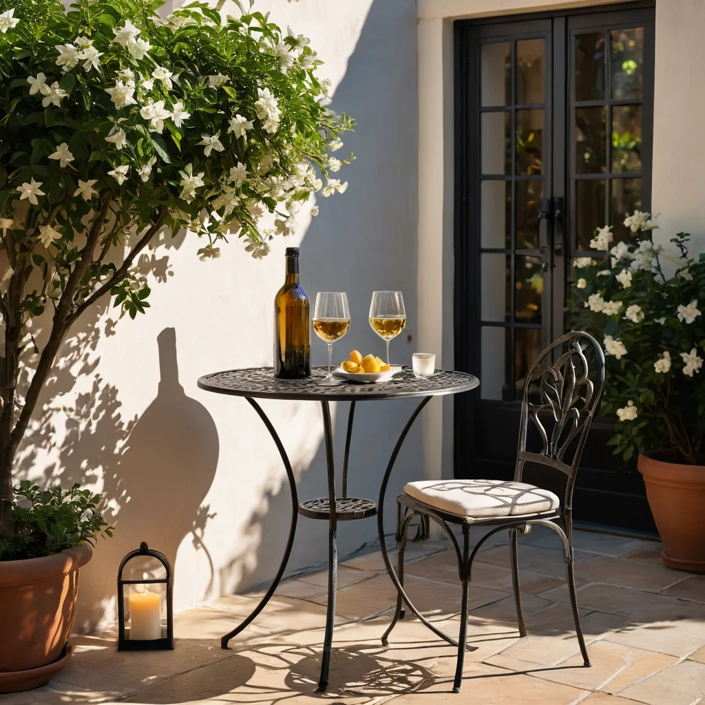 Фотореалистичная залитая солнцем терраса в стиле Прованс с кованым столиком, цветущим жасмином, переливающимся солнечным светом и уютным вечерним освещением от свечей, создающая романтическую атмосферу.