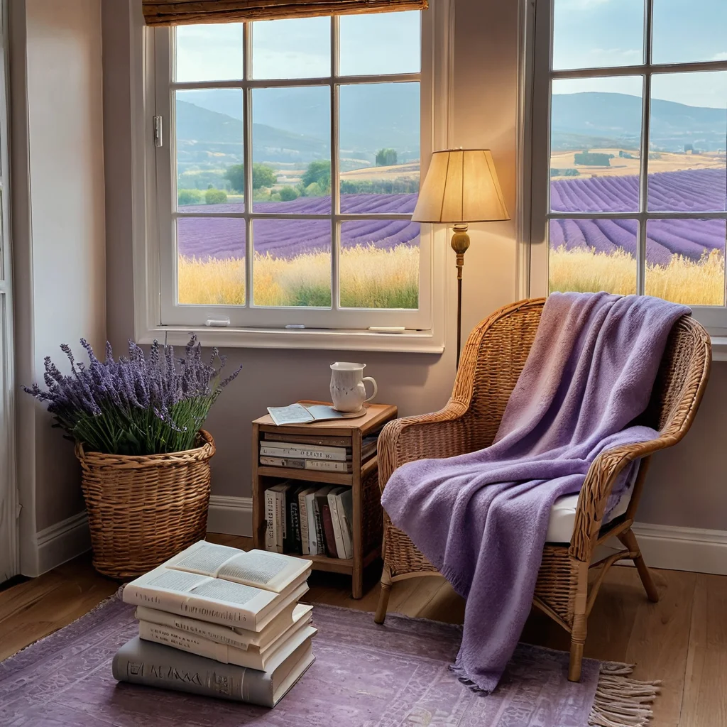 Фотореалистичный уютный уголок для чтения в стиле Прованс: плетеное кресло, мягкий плед, стопка книг и вид на лавандовое поле из окна, с легким наложением чек-листа для создания деревенского уюта.