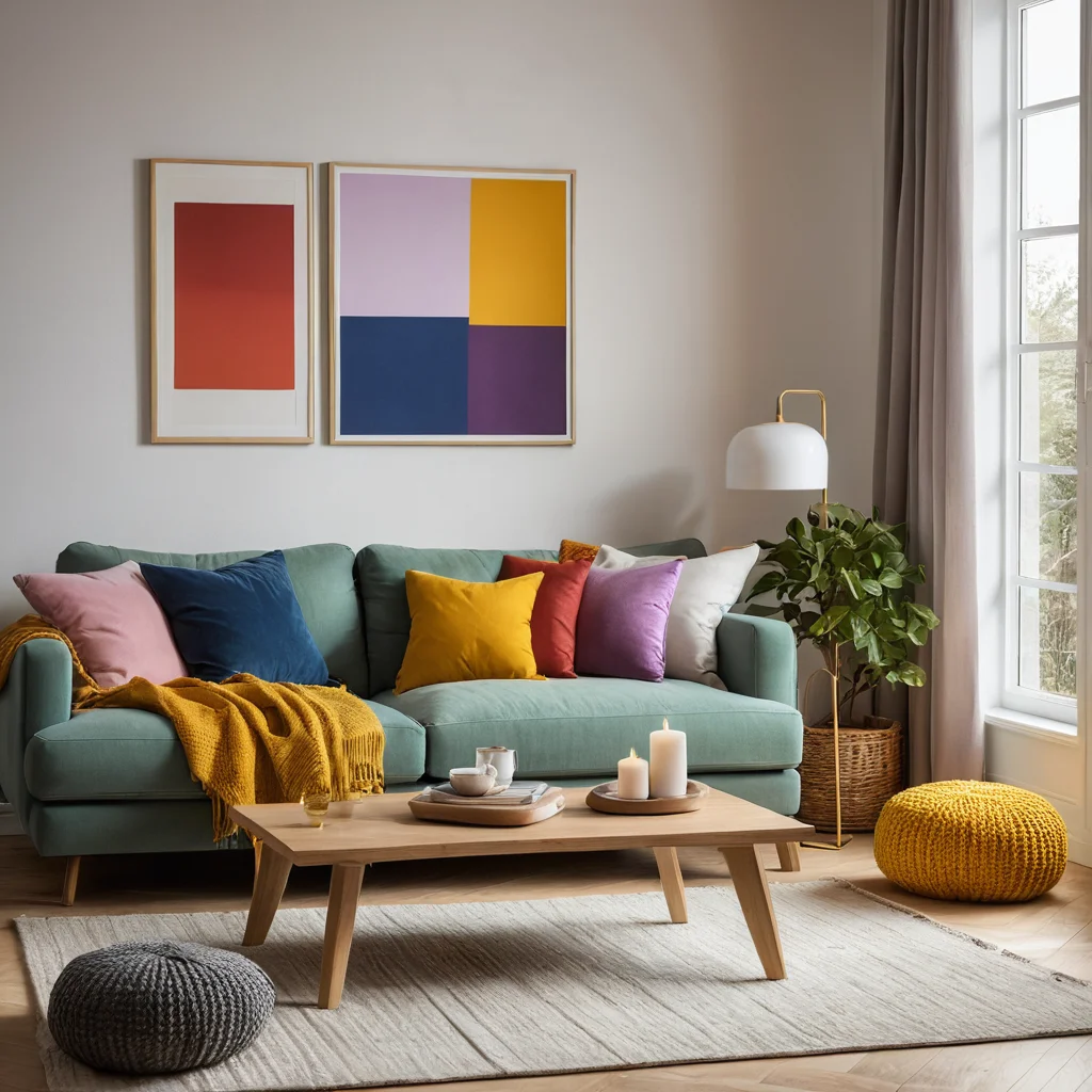 Коллаж из абстрактных цветовых блоков: ярко-красный символизирует энергию, глубокий синий — спокойствие, зеленый — природу и свежесть, солнечный желтый — радость. Это визуальный словарь настроений, демонстрирующий значение каждого цвета в интерьере.