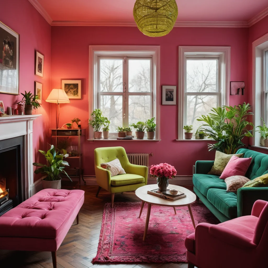 Комната с хаотичным интерьером, где яркие неоновые розовые и лаймово-зеленые цвета сталкиваются, создавая диссонанс. Переизбыток контрастных паттернов и жесткое освещение демонстрируют распространенные цветовые ловушки, убивающие уют и гармонию в пространстве.