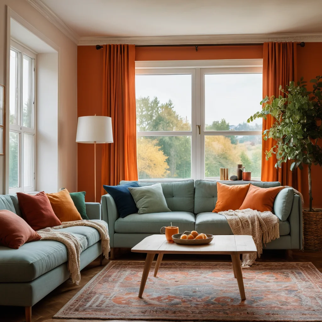 Уютная гостиная, разделенная на две половины: одна залита теплыми оттенками оранжевого и красного, создавая ощущение тепла и уюта, другая — прохладными синими и зелеными тонами, формируя спокойную и умиротворяющую атмосферу, иллюстрируя эмоциональную палитру цвета в интерьере.
