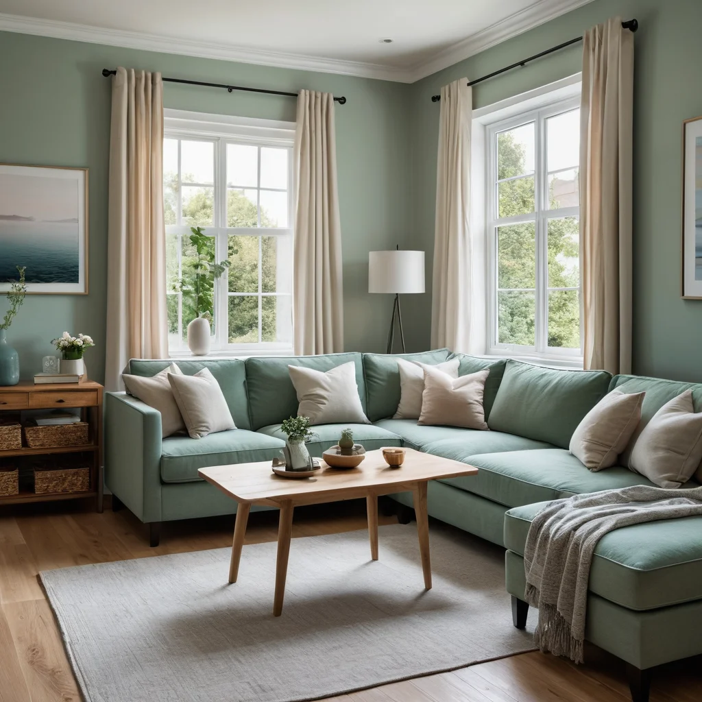 Коллаж из четырех комнат: спокойная синяя спальня, уютная бежевая гостиная, свежая зеленая кухня и сфокусированный серый кабинет, демонстрирующий идеальные цветовые решения для создания гармонии и функциональности в каждом пространстве дома.