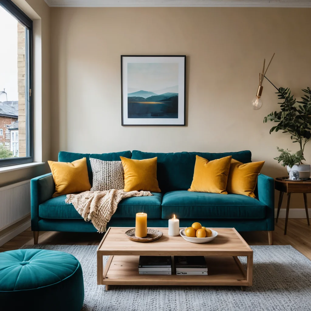 Элегантная гостиная, где глубокий бирюзовый диван гармонично сочетается с горчично-желтыми подушками и элементами из натурального дерева. Изображение демонстрирует магию сочетаний цветов, создающих баланс и выразительность в интерьере.