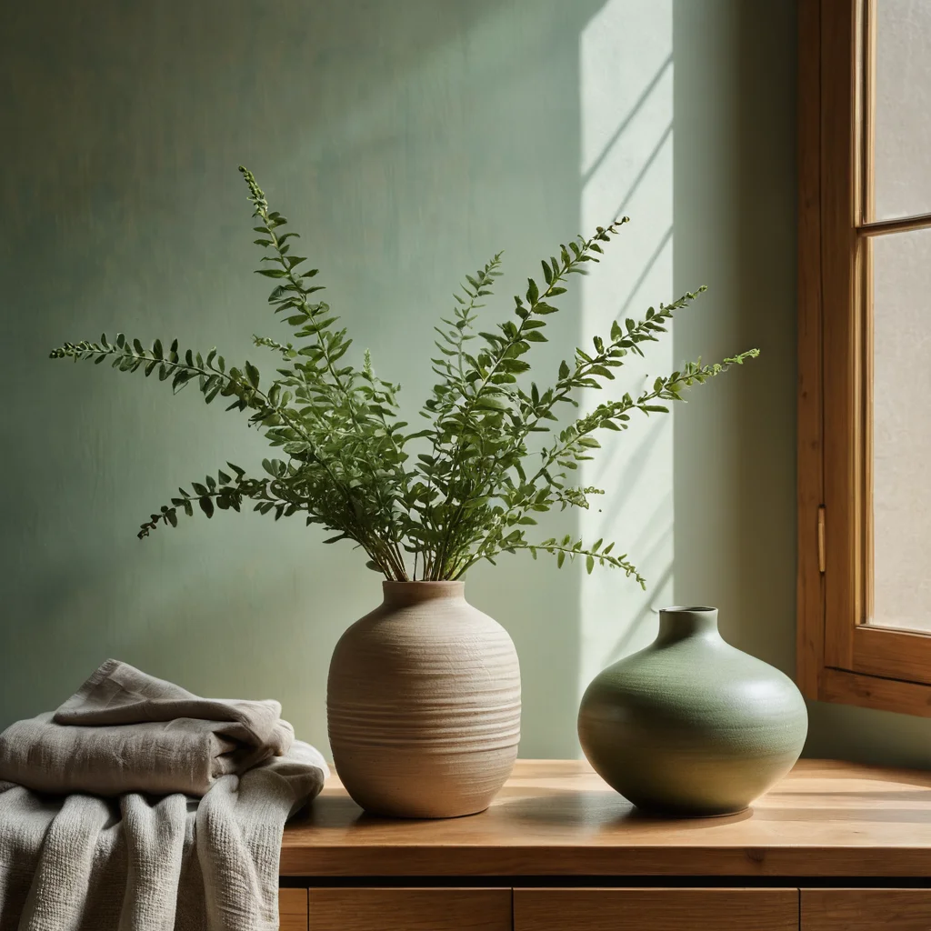 Крупный план стены в приглушенном зеленом цвете с выраженной текстурой, освещенной мягким рассеянным светом, создающим игру теней. Рядом — льняная ткань и керамическая ваза с небольшим цветовым акцентом, показывающие, как текстура, свет и детали усиливают или смягчают воздействие цвета в интерьере.