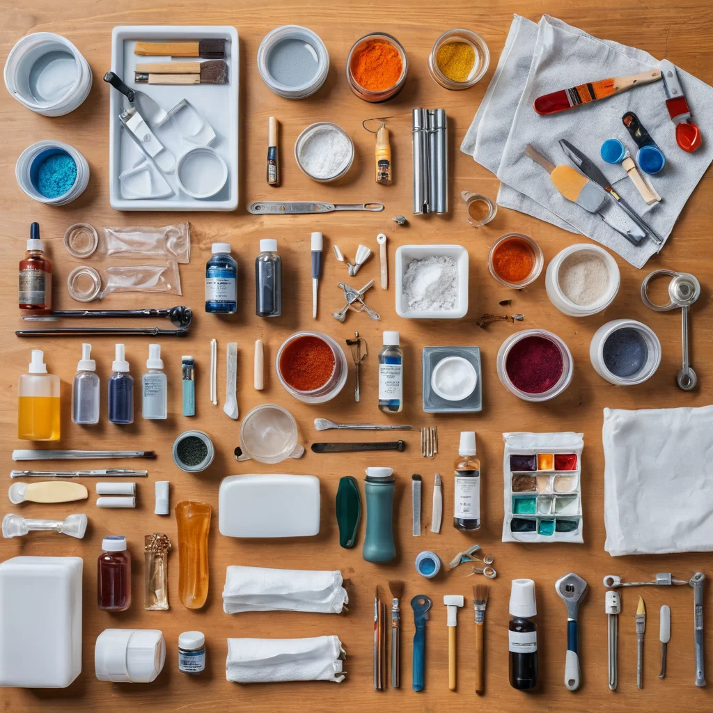 Аккуратно разложенный на рабочем столе арсенал для работы с эпоксидной смолой: флаконы с прозрачной смолой, яркие пигменты, силиконовые формы, мерные стаканчики и основные инструменты для заливки.