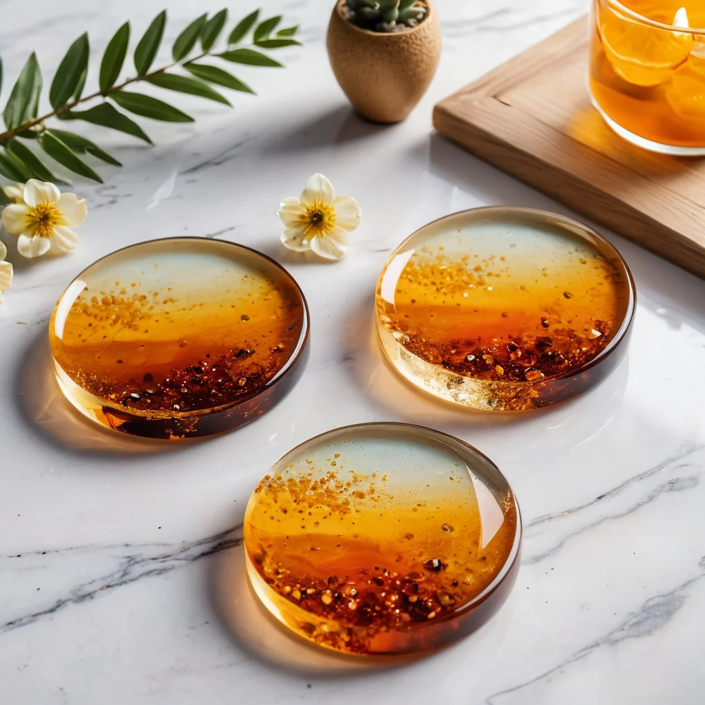 Коллекция разнообразных готовых изделий из эпоксидной смолы — украшений, подставок и декоративных элементов, представленных в вдохновляющей композиции, подчеркивающей уход и потенциал для новых творческих проектов.