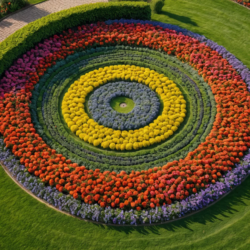 Вид сверху на тщательно спланированную клумбу в форме радуги, с четко разделенными зонами цветов, демонстрирующую популярные схемы расположения радужных цветников.