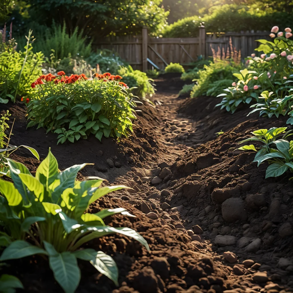 Крупный план плодородной темной почвы, которую садовник взрыхляет садовой вилкой, демонстрирующий идеальную подготовку почвы для радужной клумбы.