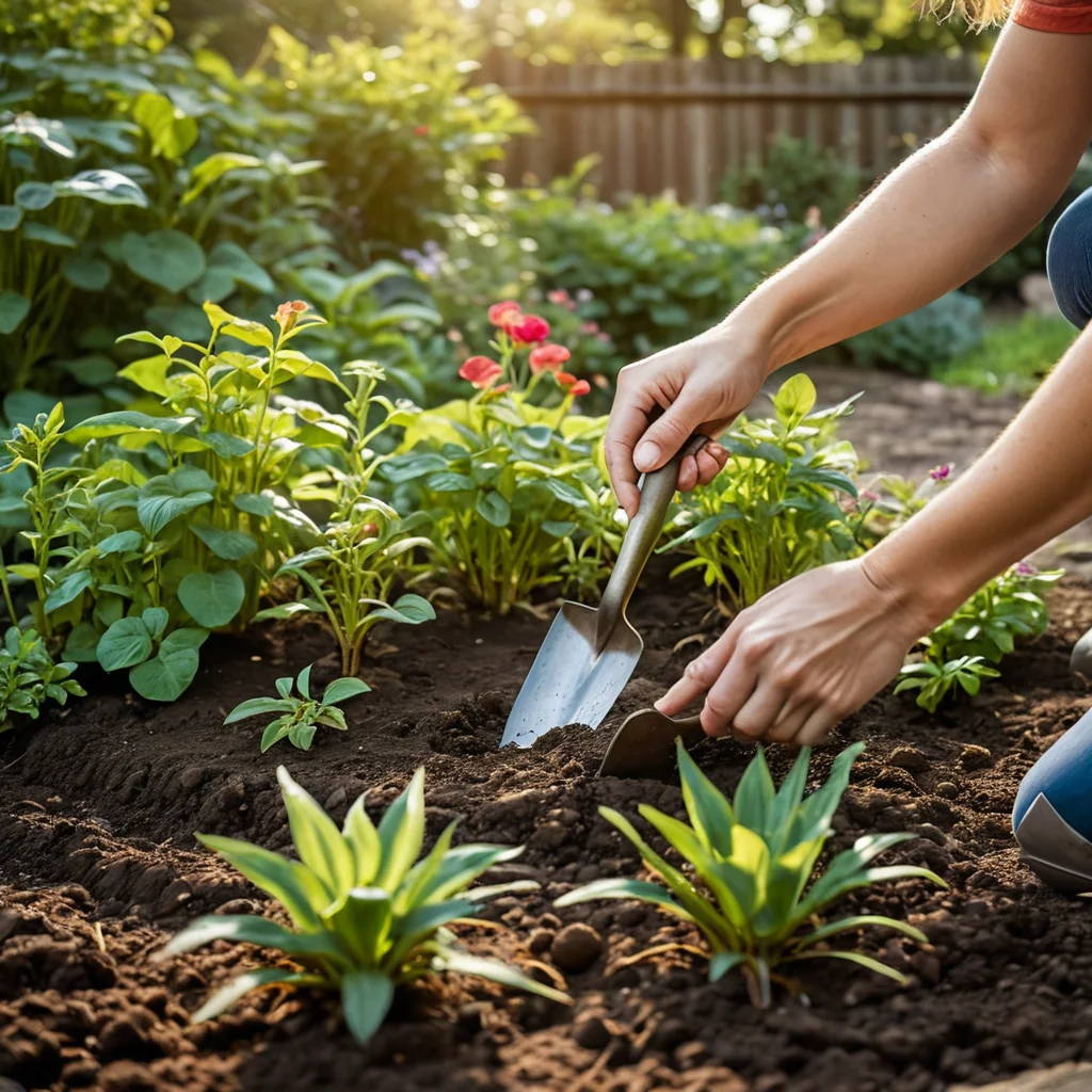 Крупный план рук садовода, высаживающего яркие саженцы цветов в свежевскопанную землю, создавая радужную клумбу, пошаговый процесс.