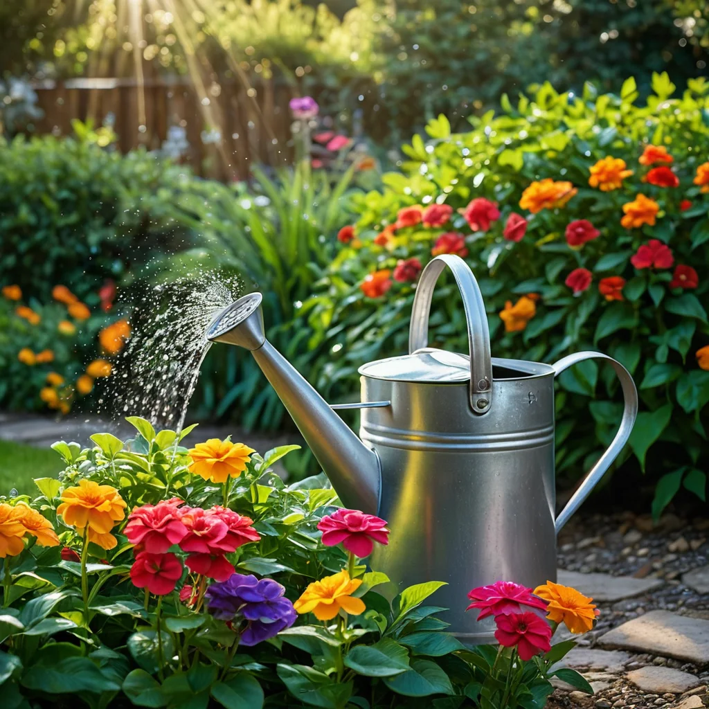 Садовая лейка, поливающая пышно цветущую радужную клумбу, с каплями воды на ярких цветах и листьях, демонстрирующая уход за садом.