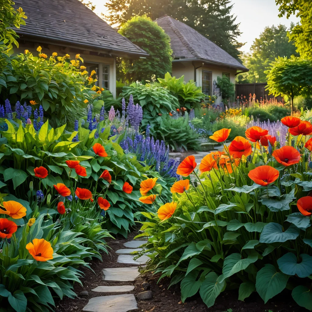 Крупный план различных цветов, демонстрирующих весь спектр радуги: красные маки, оранжевые бархатцы, желтые подсолнухи, зеленые листья хосты, синие ирисы и фиолетовая лаванда.