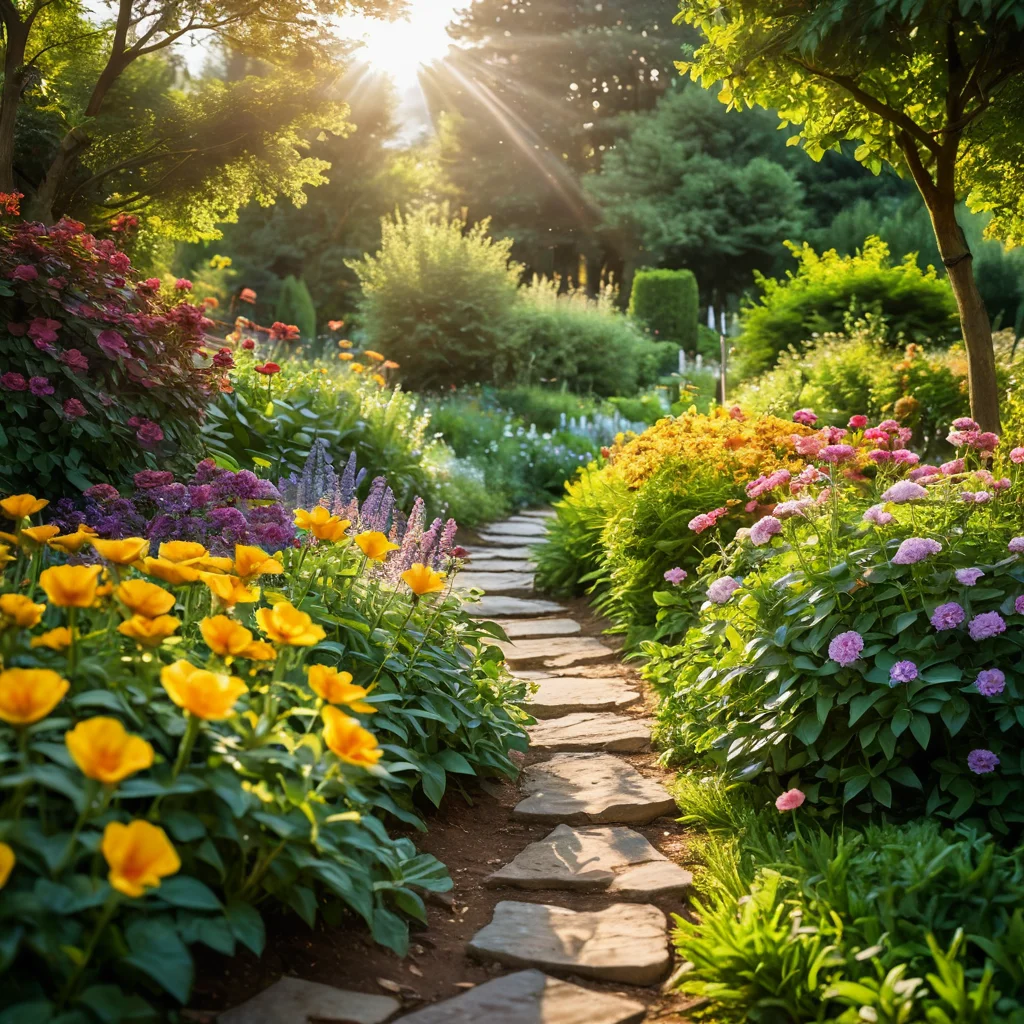 Фотография живописной садовой дорожки, обрамленной пышно цветущими растениями, образующими радужный узор, солнечный день, создающий праздничное настроение.