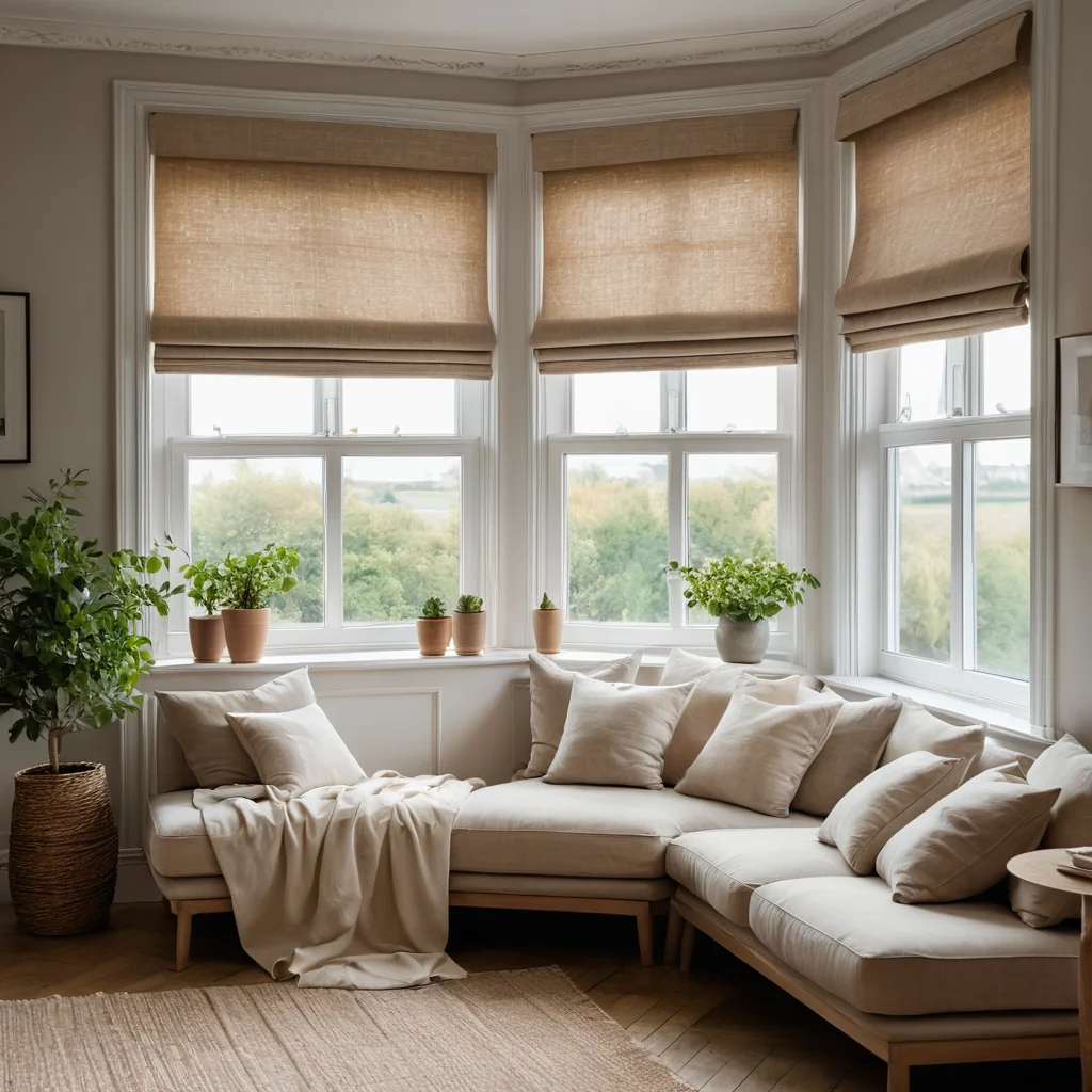 Изображение уютной гостиной с мягким естественным освещением, где главный акцент — красиво собранная римская штора из натурального льна, демонстрирующая философию домашнего уюта и тепла, созданного своими руками.