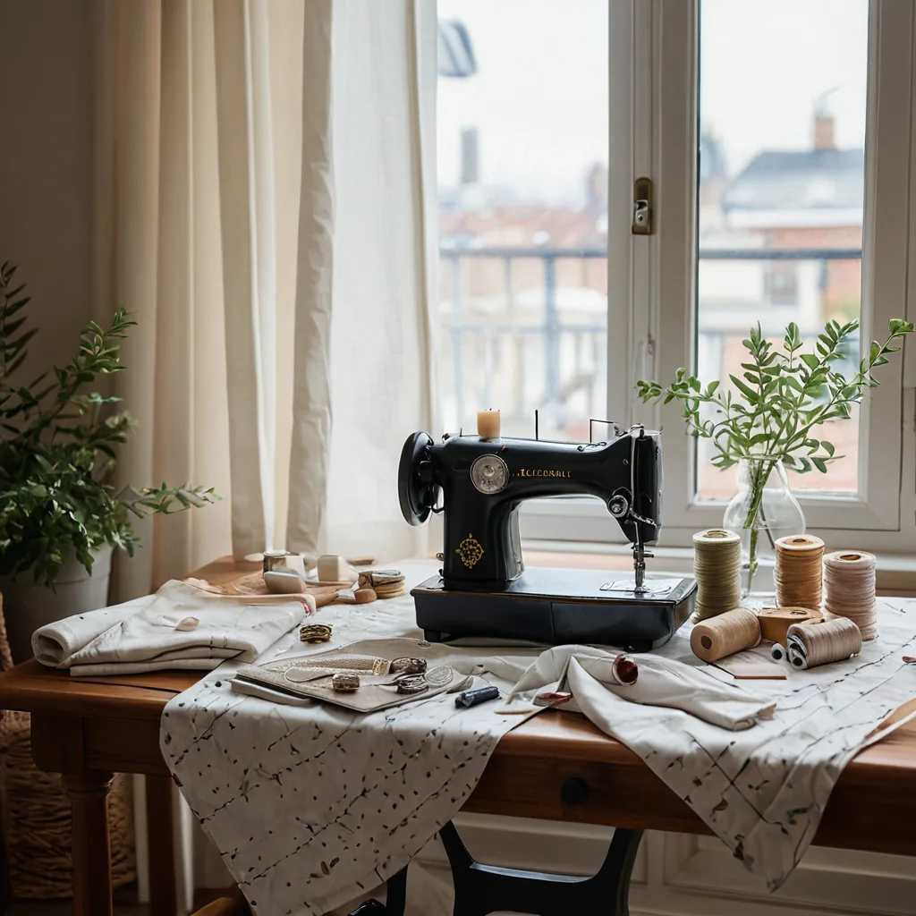 Аккуратно разложенные на светлом фоне инструменты и материалы для пошива римских штор: швейная машинка, ножницы, сантиметровая лента, нитки, иглы, различные образцы ткани и детали механизма для римских штор, готовые к работе.