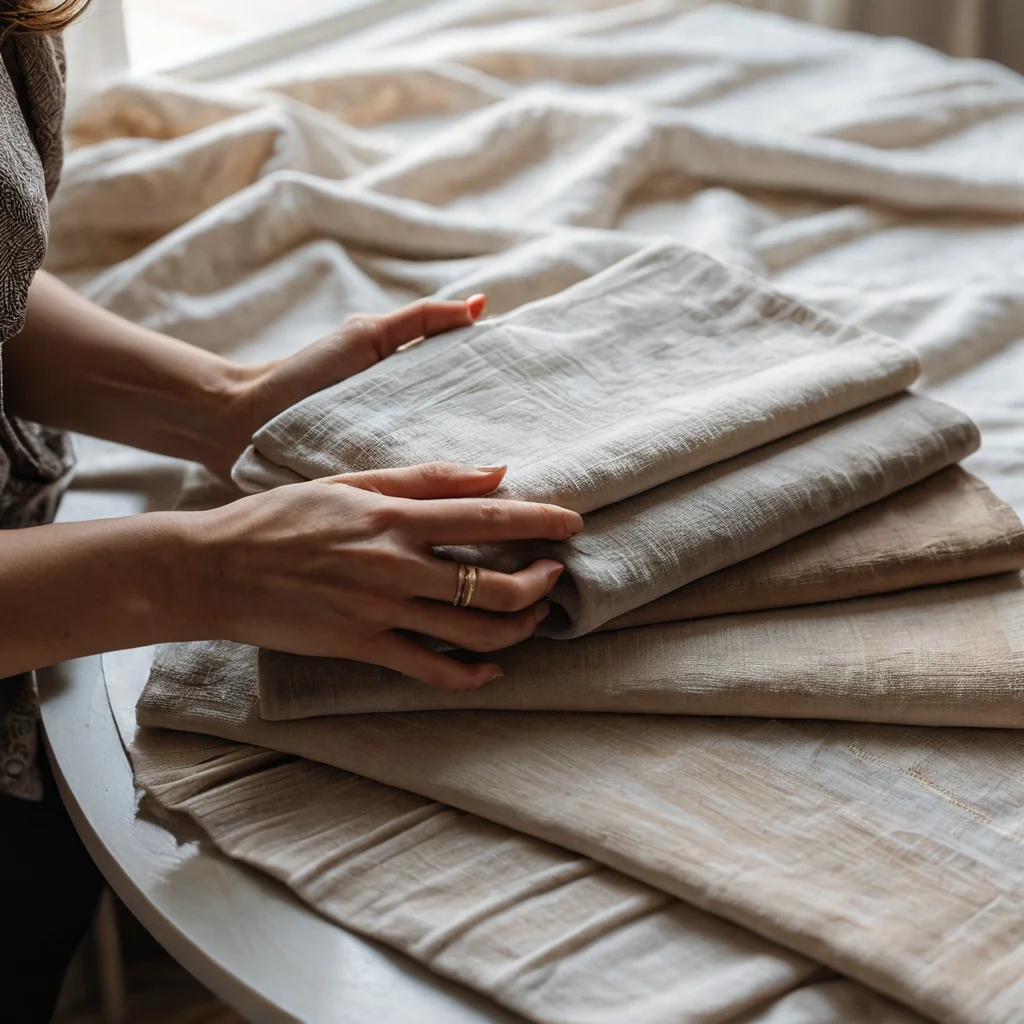 Крупный план рук, выбирающих образцы тканей для римских штор, акцентируя внимание на разнообразии текстур — от грубого льна до мягкого хлопка, подчеркивая тактильные ощущения и функциональность каждого материала.