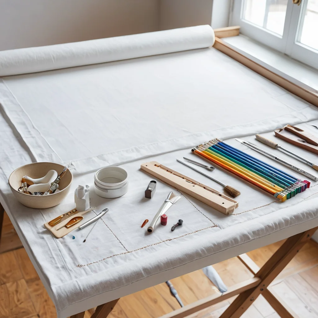 Идеально организованное рабочее место художника с чистой, подготовленной тканью, натянутой на раму, и разложенными инструментами. Секреты подготовки ткани к росписи акрилом для долговечного рисунка.