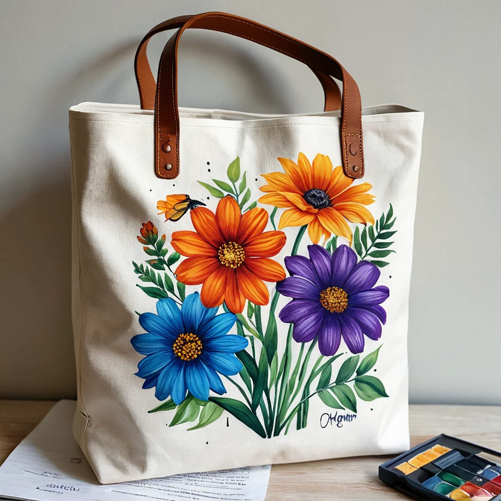 Аккуратно сложенная, расписанная вручную акриловыми красками сумка-шоппер с ярким и свежим рисунком, рядом лежат эскизы для новых проектов. Иллюстрация правильного ухода за расписанными изделиями для сохранения яркости на годы.