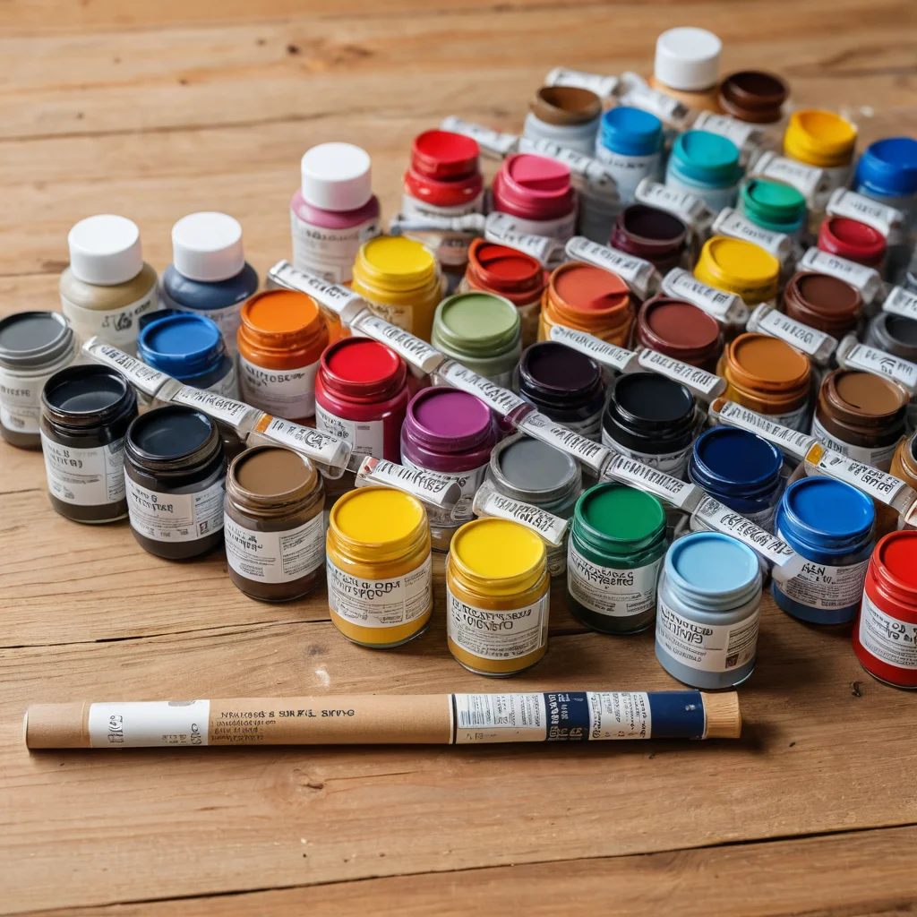 Аккуратная раскладка различных тюбиков акриловых красок для ткани и бутылочек со специальными фиксаторами, готовых к использованию. Иллюстрация полного списка материалов для росписи по ткани.