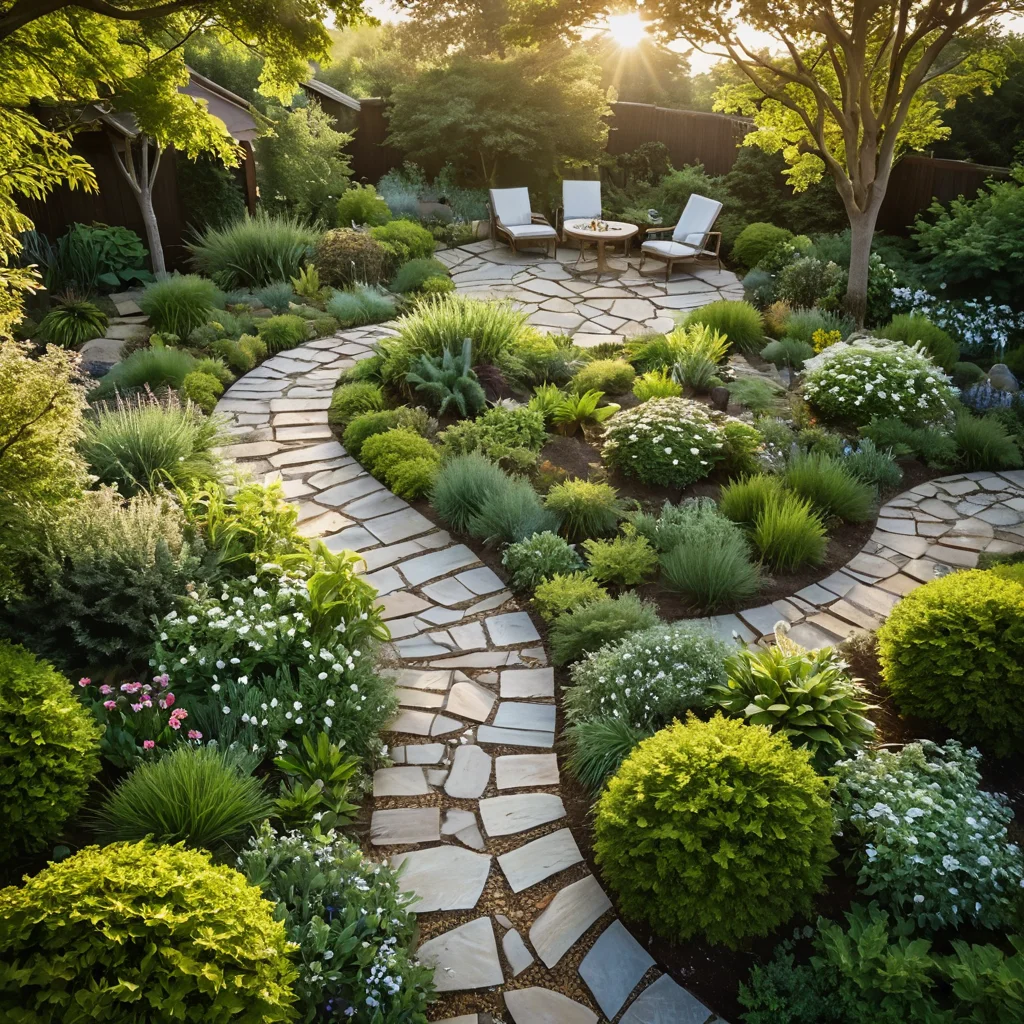 Планировка сада для медитаций с высоты птичьего полета: извилистая тропинка, уединенная зона отдыха, водный элемент и тщательно подобранные успокаивающие растения, создающие естественное течение.