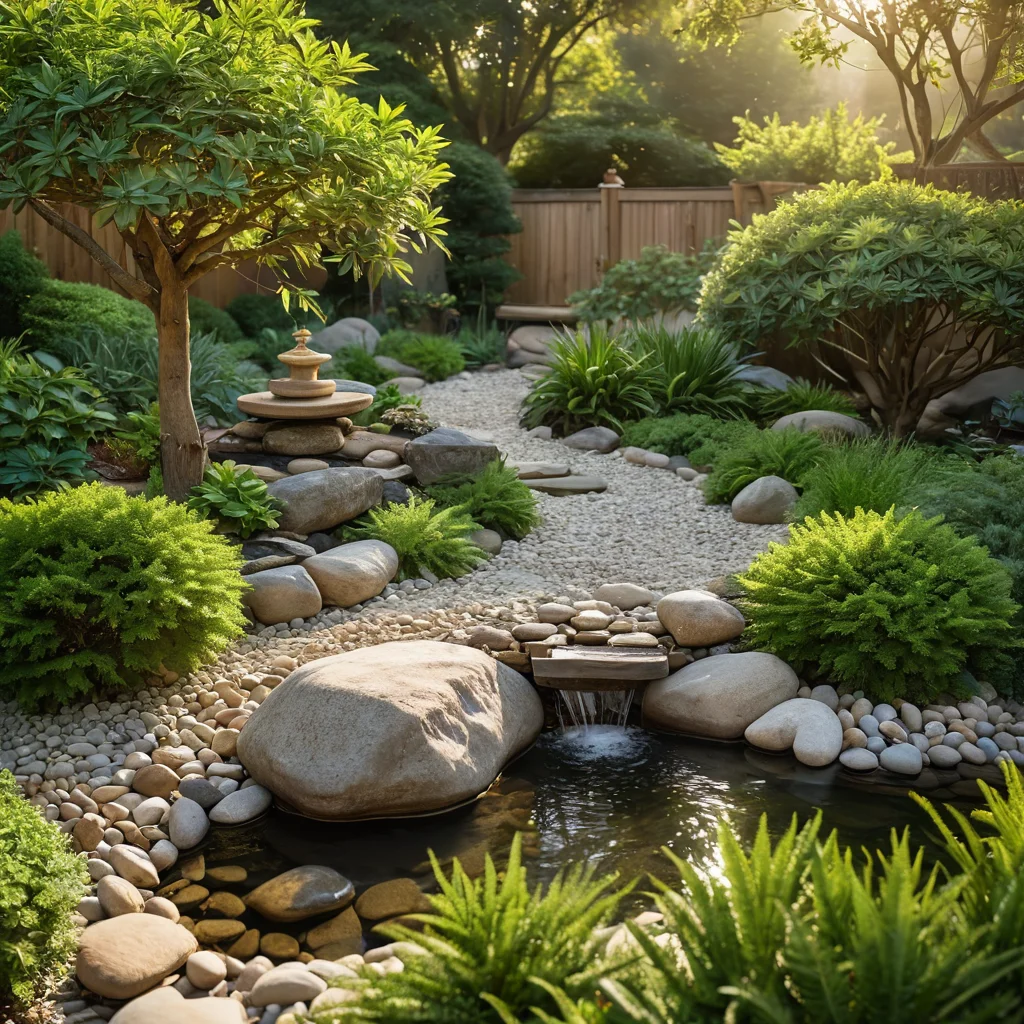 Ключевые элементы сада для медитаций: гладкие речные камни, журчащий водный элемент, миниатюрное бонсай, простой деревянный фонарь и гармонично расставленные растения.