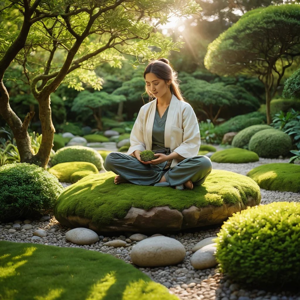 Садовник, ухаживающий за садом для медитаций: аккуратно подстригает бонсай, пропалывает камни и подметает моховую дорожку, демонстрируя внимательную практику ухода за садом.