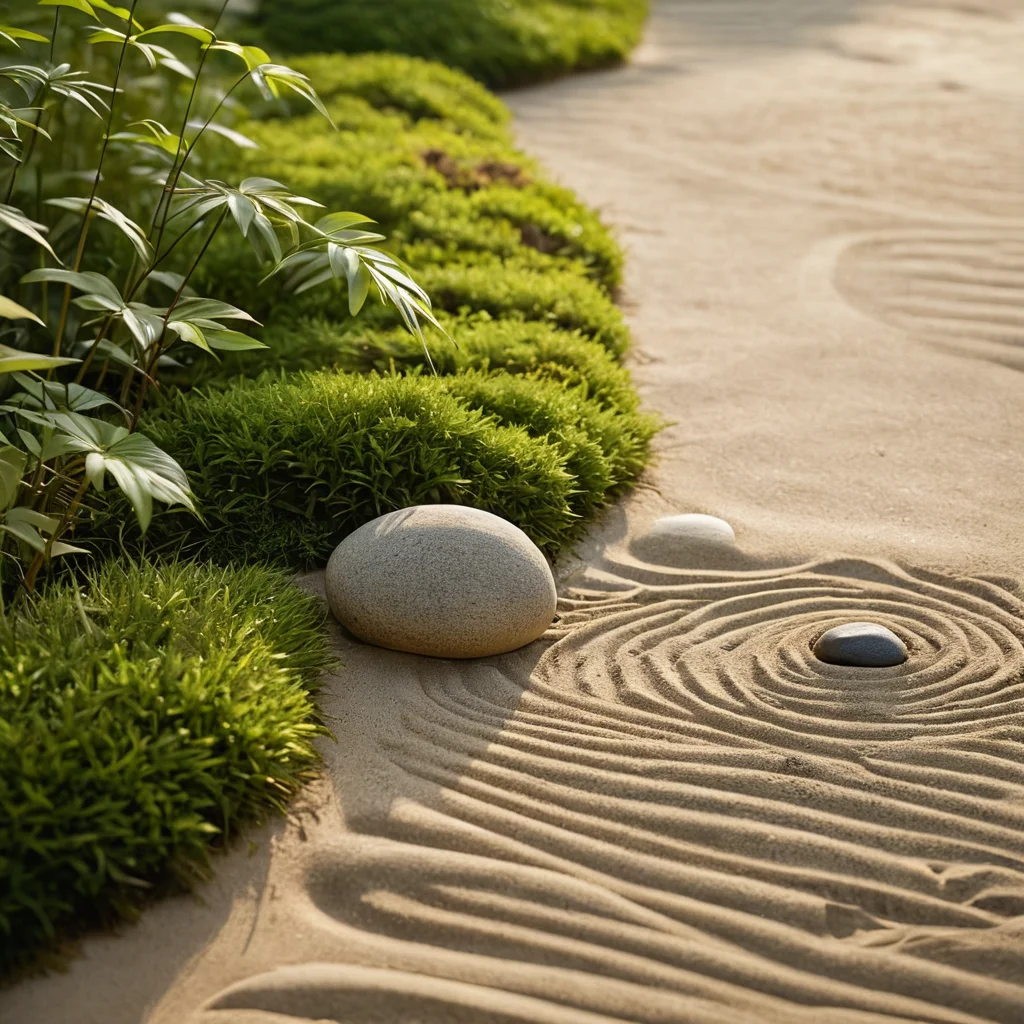 Японский сад камней в стиле дзен с тщательно расчерченным песком, мшистыми камнями, бамбуком и минималистичным дизайном, излучающий безмятежное спокойствие.