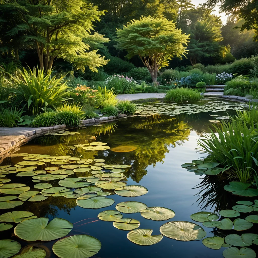Небольшой умиротворяющий садовый пруд с отражением деревьев, кувшинками и мягкой рябью, создающий живописный водный элемент в естественном стиле.