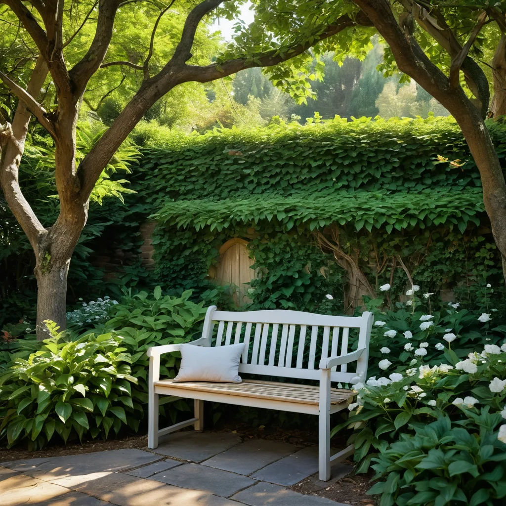 Уютный уголок для медитаций в саду с уединенной скамьей, утопающей в пышной зелени, залитый мягким солнечным светом, создающий атмосферу полного спокойствия.