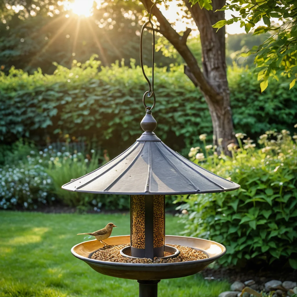 Пустая кормушка для птиц в стерильном, недружелюбном саду, сделанном из неестественных материалов, иллюстрирующий частые ошибки при создании сада для пернатых гостей.