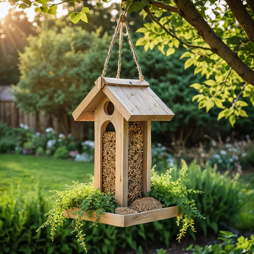 Своими руками сделанная кормушка для птиц из натурального дерева и бечевки, простой, но очаровательный элемент декора для сада, создающий уют.