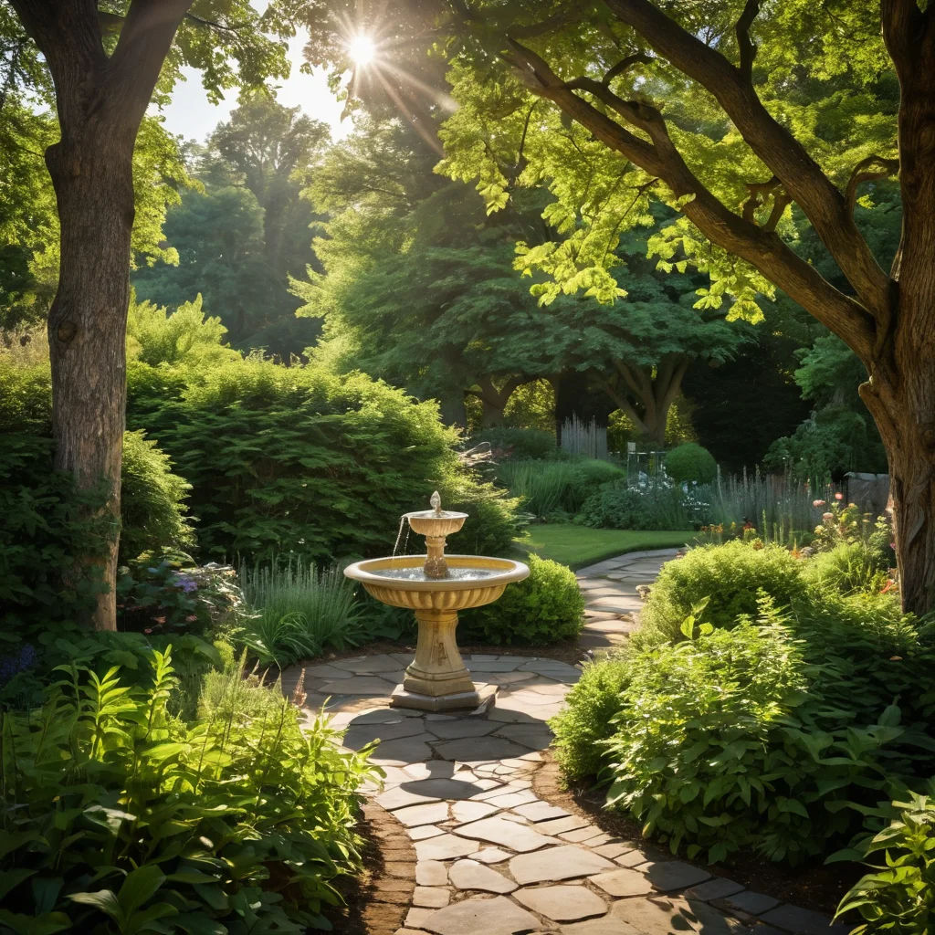 Уютный солнечный уголок сада с раскидистыми деревьями, птичьей купальней и естественными элементами, создающий безопасное и привлекательное место для птиц.