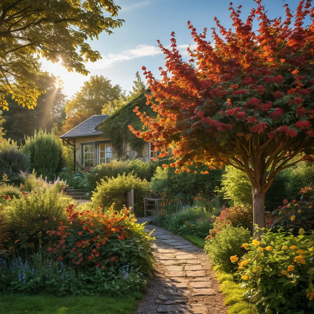 Натуральный сад, полный кустов с ягодами и цветов с семенами, привлекая разнообразных птиц, создавая живописный осенний пейзаж.