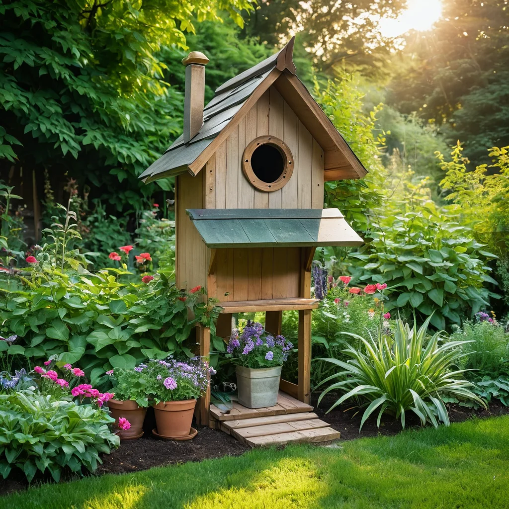 Садовый пейзаж, показывающий процесс создания уютного сада для птиц за выходные: садовые инструменты, готовый скворечник, свежепосаженные растения.