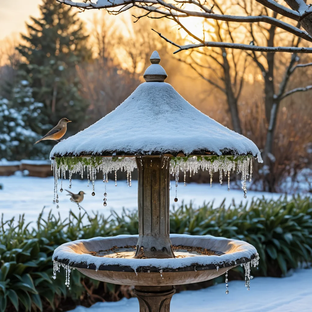 Безмятежный зимний сад, покрытый снегом, с кормушкой для птиц, полной угощений, и замерзшей птичьей купальней, демонстрирующий сезонный уход.